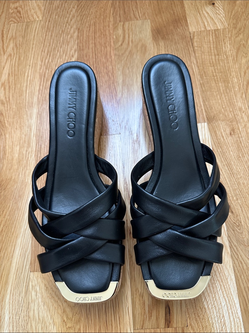 Jimmy Choo Black Leather Crisscross Slide Mules with Gold Toe Caps